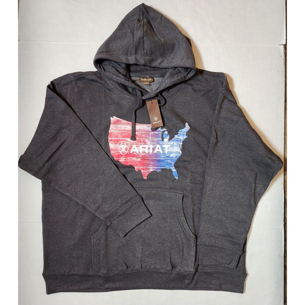 Ariat Men’s 3XL US Plank Hood Hoodie Charcoal Heather USA Flag Graphic